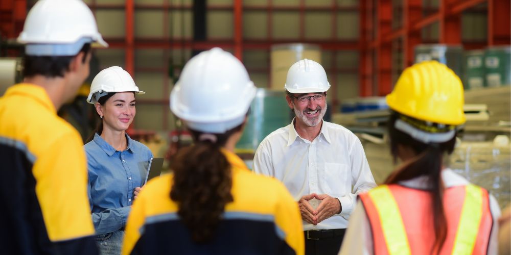 Werknemer met helm aan het werk in een industriële fabriek of magazijn