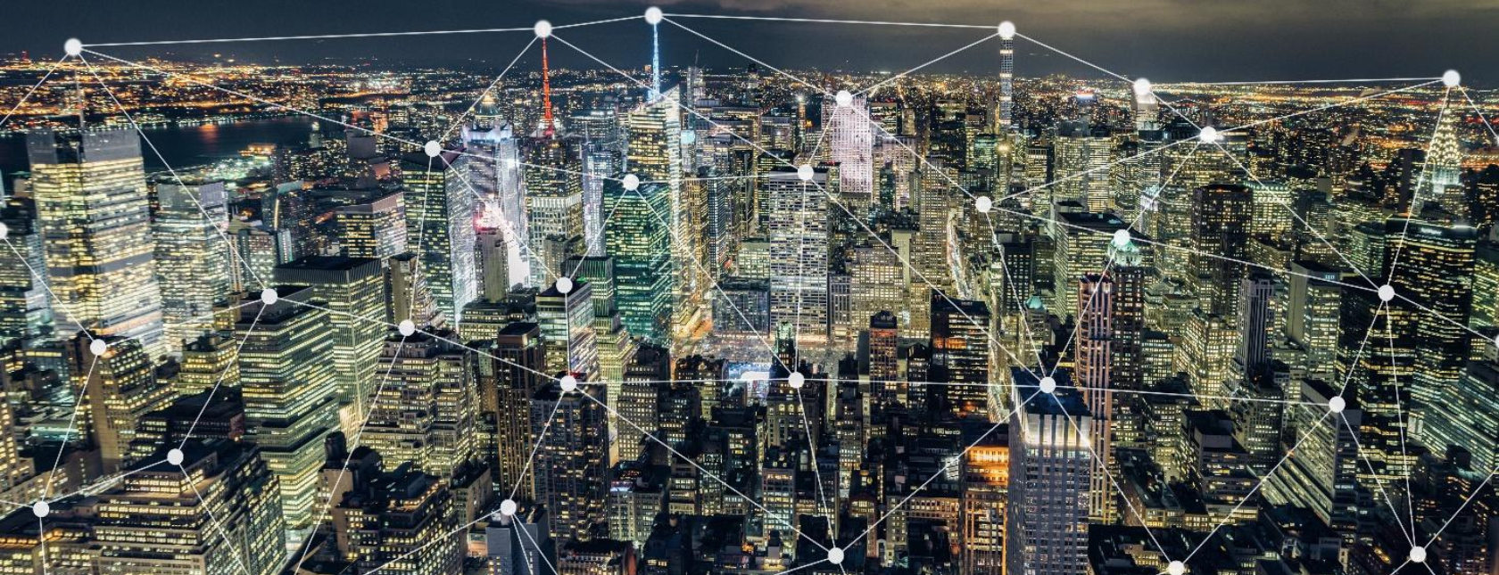 Blockchain Concept en Manhattan Skyline in de nacht