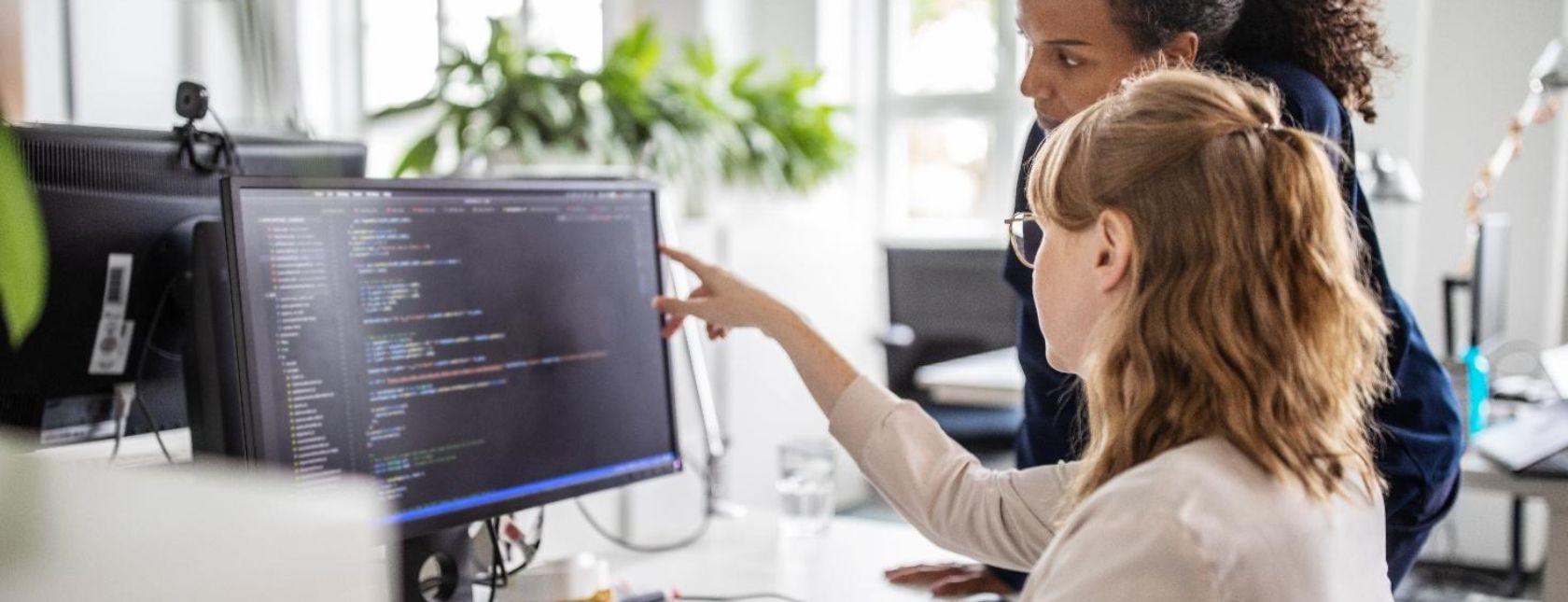 Businesswoman discussing computer program with female colleague