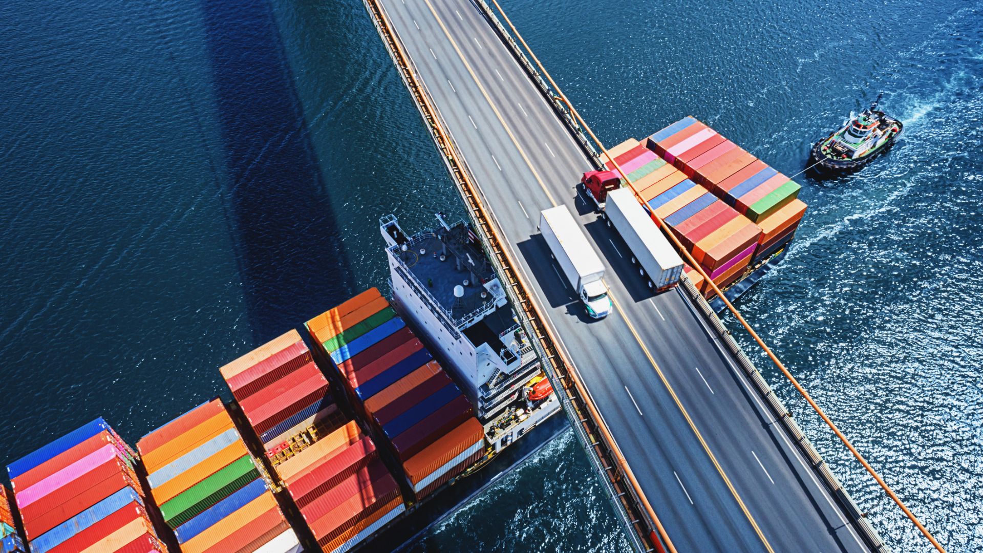 Aerial drone view of a container ship